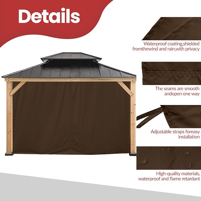 Coastshade Gazebo Pergola Canopy Panel Sidewalls Replacement 12ft Gazebo Pergola Privacy Panels Sidewall for Gazebos with 14Curtain Rings &14Rail Hooks, Brown