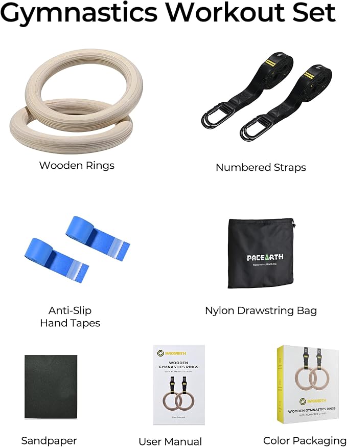 PACEARTH Gymnastics Rings 32mm Wooden Olympic Rings Support 1500lbs Locked Carabiners 9ft Double-Layer Numbered Straps Non-Slip Gym Rings with Foot Straps Door Anchor for Home Gym Full Body Workout