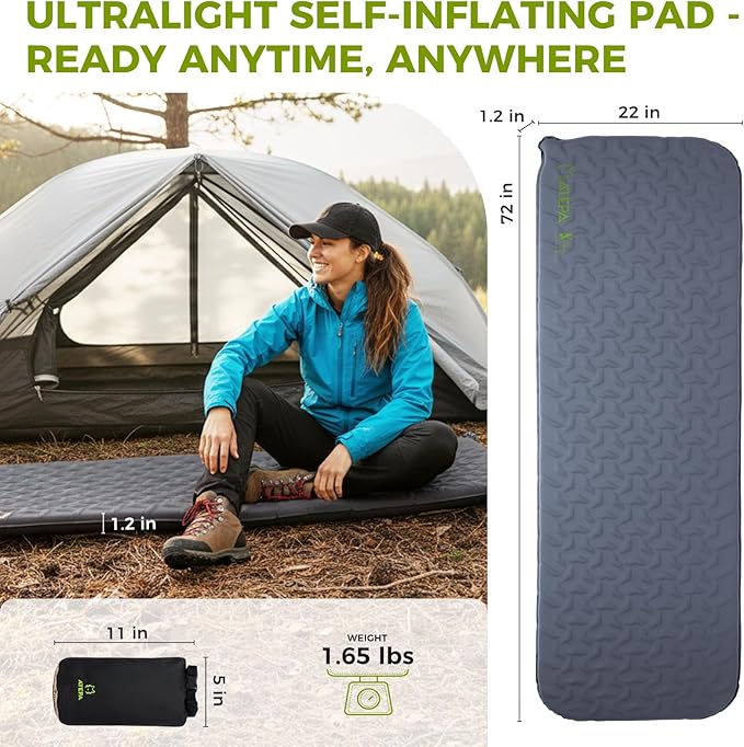 ATEPA Ultralight Self Inflating Sleeping Pad for Backpacking, 1.65lbs Compact 3-Season Camping Mat with R-Value 2.3, 1.2" Thick Insulated Foam Pad for Hiking, Trekking & Mountaineering - Grey