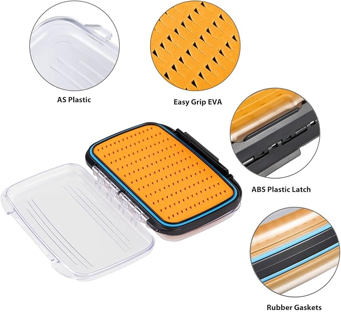 Gonex Fly Boxes for Fly Fishing Jig Boxes Two-Sided Waterproof Lightweight Fly Fishing Box Easy Grip Transparent Lid Fly Fishing Lures Box Sizes A+B+C, Orange