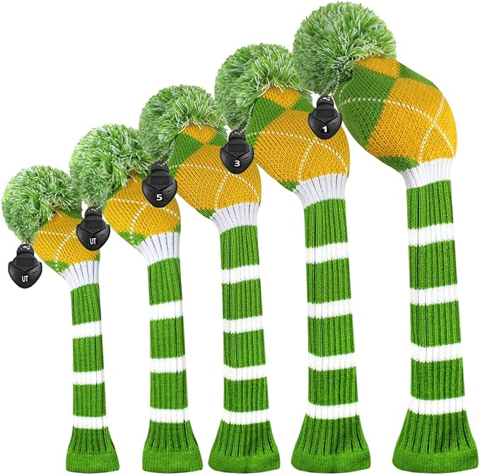 Scott Edward Knit Golf Club Cover with a Pom Set of 5 Head Covers Protect Driver Wood(460cc) 1 Fairway Wood2 and Hybrid/UT2 with Rotating Club Number Tags