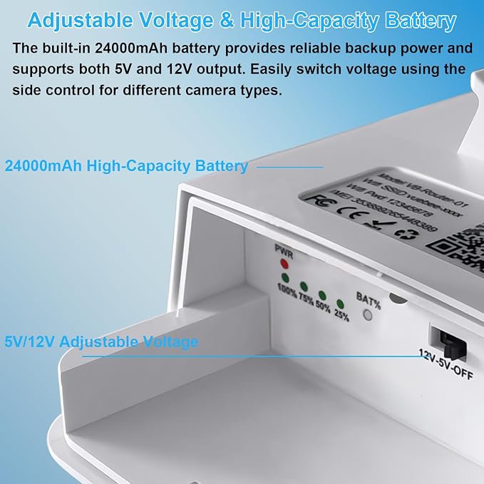 20W Solar Panel Kit with 24000mAh Battery for Security & Trail Cameras, 5V/12V Adjustable Output, USB-C & DC Plugs, IP66 Waterproof, 360° Mount