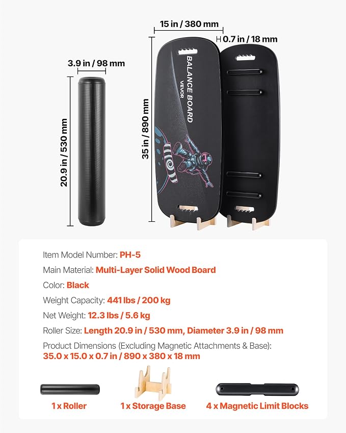 VEVOR Balance Board, 2-in-1 Wobble Board Trainer for Adults, Premium Wooden Balance Training Equipment, with Roller, Magnetic Stoppers, Storage Rack, for Core Workouts, Surf Trainer & Physical Therapy