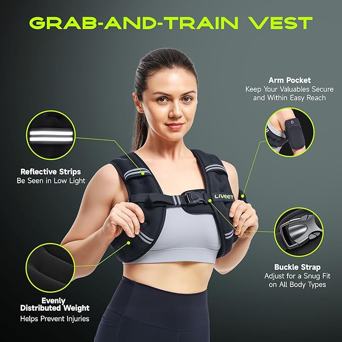 Weighted Vest, Weighted Vest for Women Men, 5lb/10lb/15lb/20lb/25lb/30lb SGS Certified Weight Vest with Pocket Reflective Strips Adjustable Buckle Straps for Walking Running Strength Training Cardio Workout
