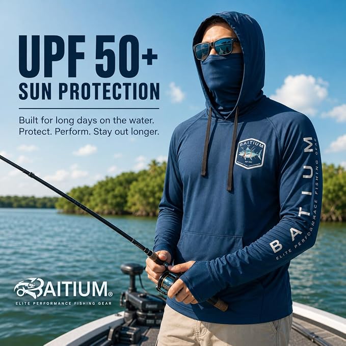 Fishing Shirts for Men,UPF50 Hooded Long Sleeve with Gaiter, Sun Protection Dry Fit Apparel, Face Mask, Fishing Clothes