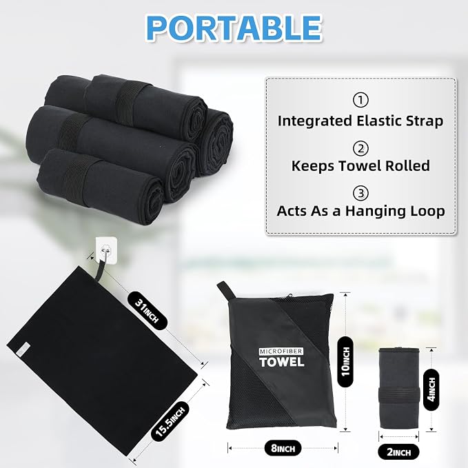 4 Pack Quick Dry Microfiber Towels for Body S L XL Camping Towel Fast Drying Compact for Sea Beach Swimming Yoga Hiking Pack Travel Bathroom Towel(Black)
