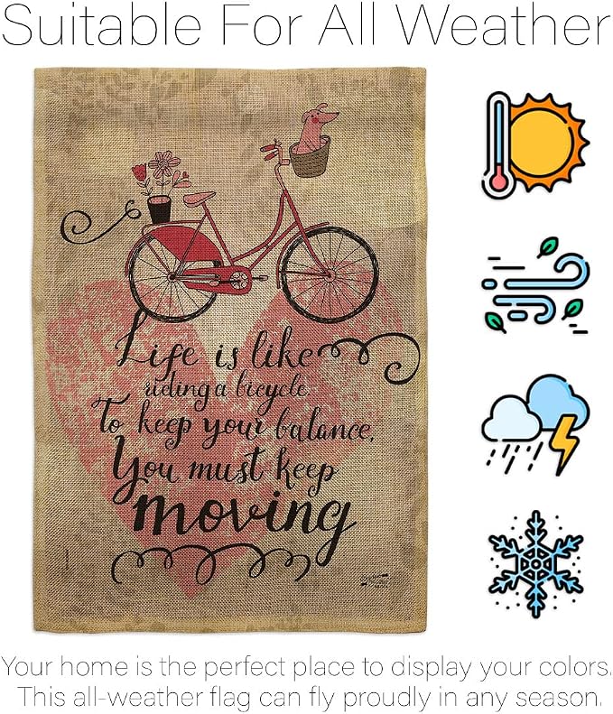 Must Keep Moving Burlap Garden Flag- Set Wall Hanger Sports Cycling Ride Bicycle Bike Velo Entertainment Activity Physical - House Decoration Banner Small Yard Gift Double-Sided Made In USA 13 X 18.5