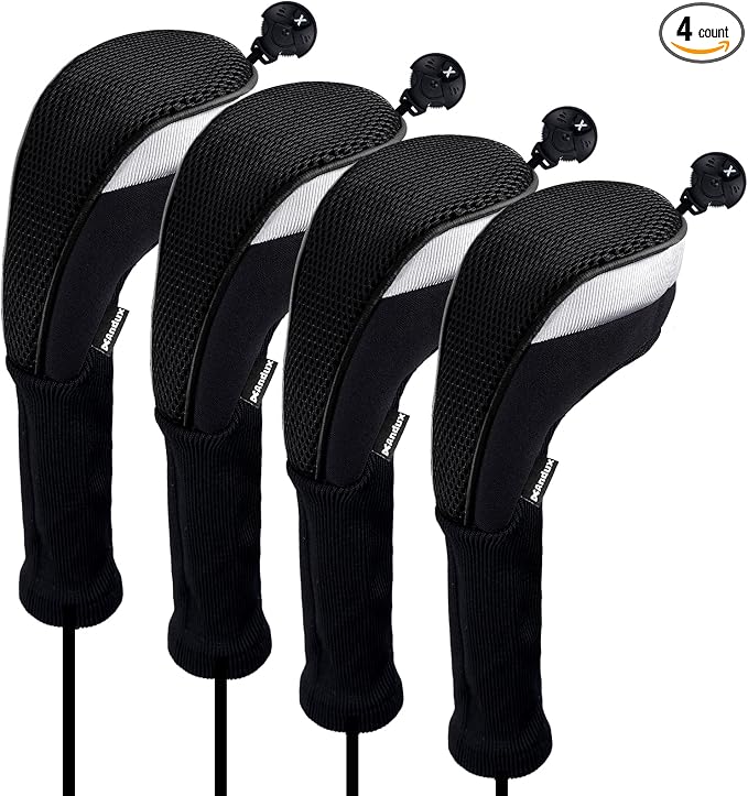 Andux 4pcs Long Neck Golf Hybrid Club Head Covers Dial No. Tag CTMT-02 | Mesh Breathable material | all the Same Size | Coloured Piping | Pull-On Closure