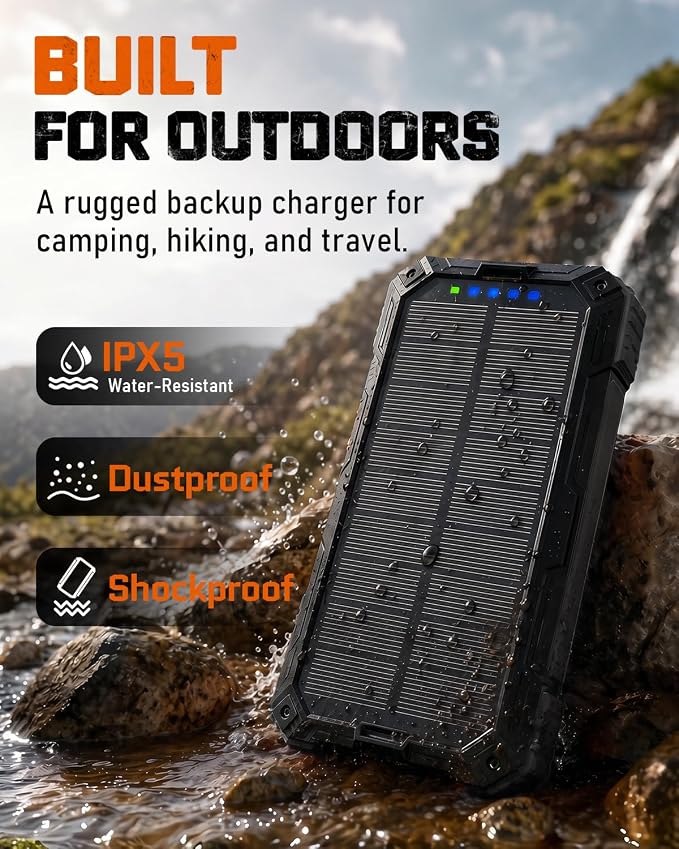49800mAh Solar Charger Power Bank -Wireless, 4 Cables (Black) | IP65, Dual LED Flashlight, QC3.0, USB-C In/Out for Camping & Emergencies