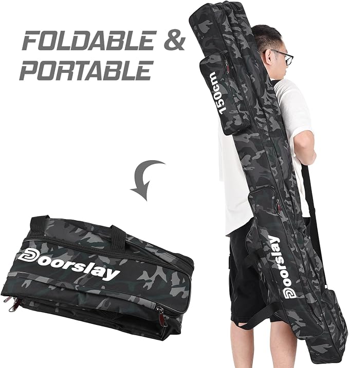 Fishing Rod Case - Three Layer Oxford Portable Folding Pole Bag, Waterproof Tackle Storage, Travel Bags for Camping, Hiking