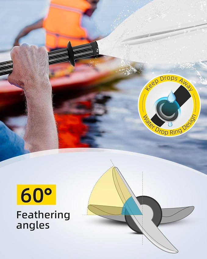 OCEANBROAD Adjustable Carbon Fiber Kayak Paddle 86in/220cm to 94in/240cm Kayaking Oar for Adults with Paddle Leash 1 Paddle