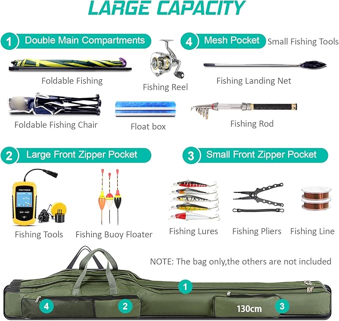 Fishing Rod Case with Fishing Tackle Box Portable Folding Rod Case Pole Reel Storage Bag Gears Organizer (130CM)