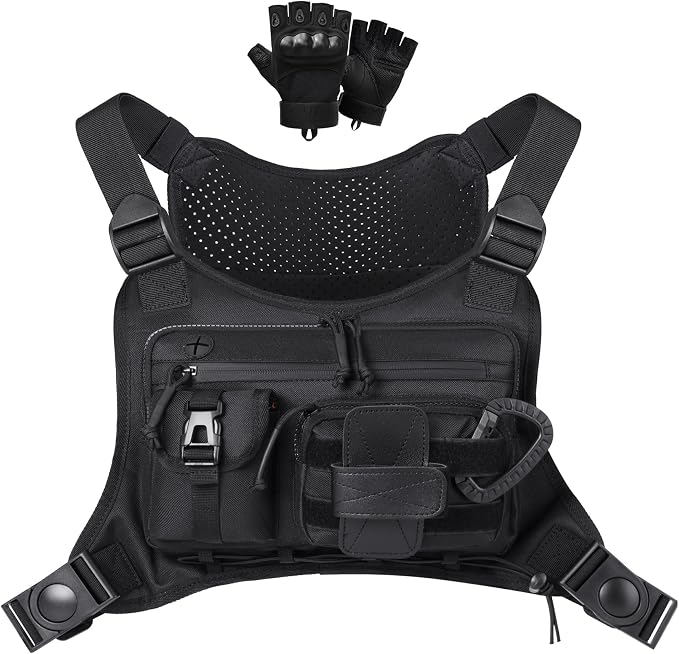 Outdoor Sports Chest pack for men with Gloves, EDC Chest bag for Travel, Lightweight Chest Rig Pouch, Tactical Running Chest Vest for Hiking, Cycling, Fitness, Motorcycle Riding, Workouts