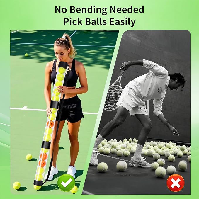 17 Pickleballs & 18 Tennis Balls Picker Upper – Collapsible No-Bend Retriever Tube with Shoulder Strap, Lightweight Portable for Indoor & Outdoor Court Practice