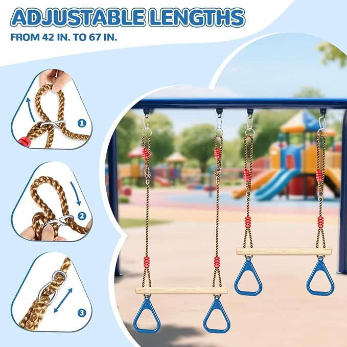 LadyRosian Wooden Trapeze Swing Bar, Adjustable Height Swing Set, Gym Rings, Playground Attachments, 16.5" Monkey Bar for Backyard, Playground, Playroom (Blue)