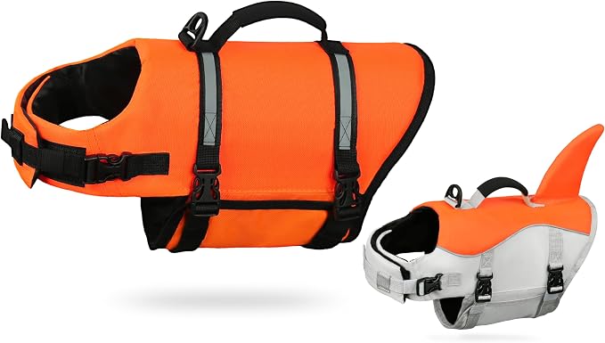 AMZNOVA Shark Dog Life Jacket + Rip Stop Dog Life Jacket, Durable Handle Reflective Buoyance
