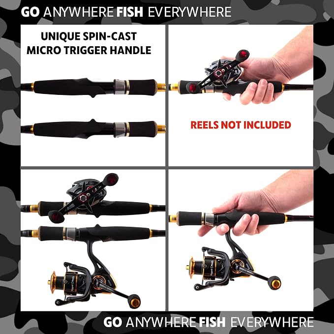 Rigged and Ready Predator Series Spin & Baitcast Travel Fishing Rods. Unique Spin Cast Micro Trigger. Compact Hi-Carbon Rods. 4 Rod Sections, 2 Tips, + case. Mobile Lure Rod Anglers. Fresh & Saltwater