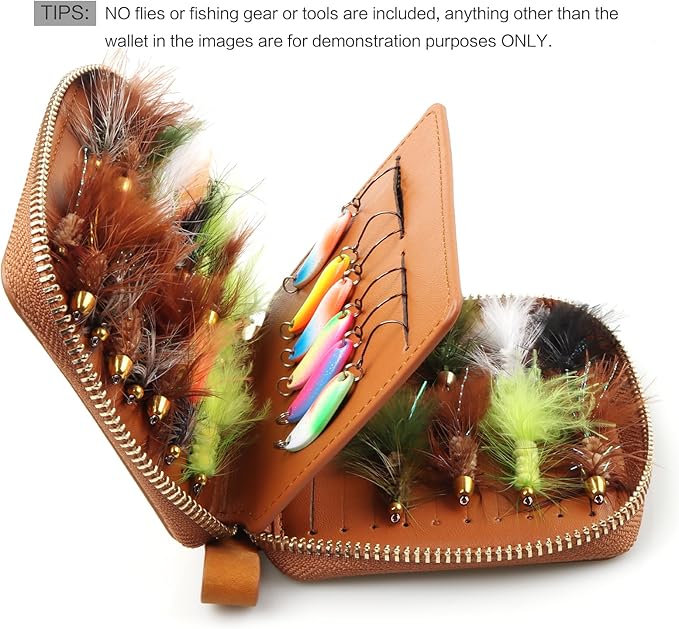 Lure Fly Fishing Leather Wallet Tackle Box Storage Spinner Bait Spoon Lures Flies Streamer Dry Fly Box Display Pocket Case Gifts for Men, Women (Size: 4.5"x3.9"x 0.7")