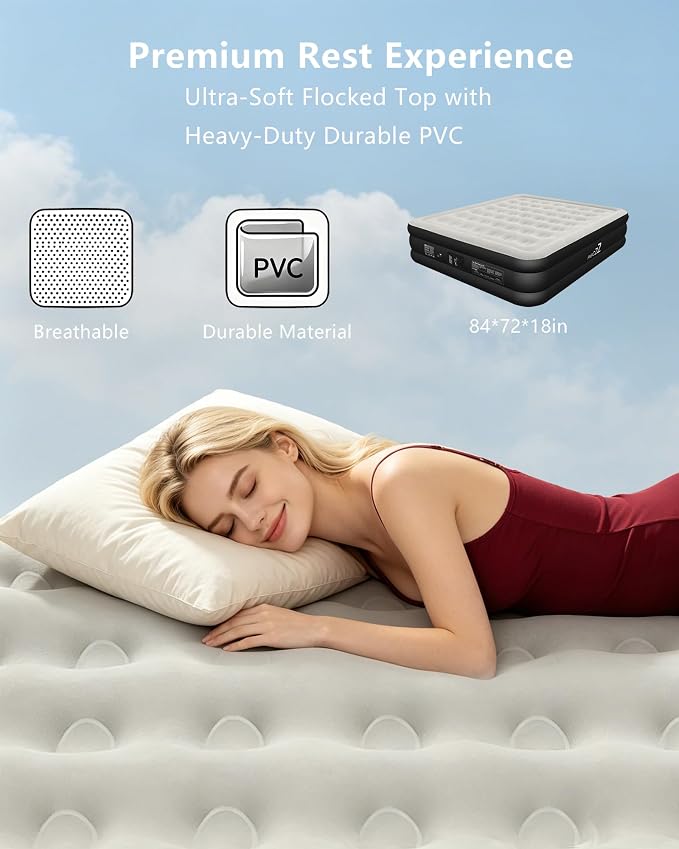 King Size air Mattress – 18-Inch Thickened Inflatable Mattress for Camping, Home Use & Guest Accommodation, Comes with Storage Bag, Supports Up to 750 Pounds (Black, King)