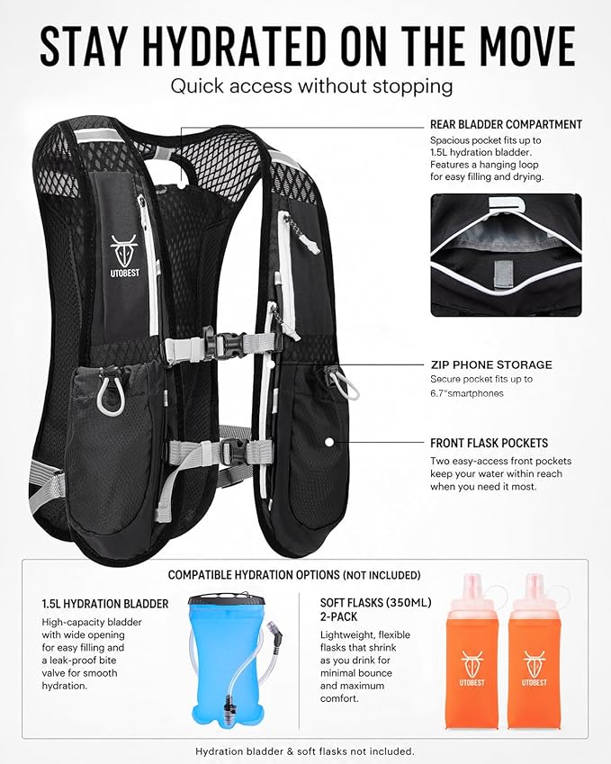 UTOBEST Running Vest, 5L Hydration Vest Lightweight, Breathable and Sweatproof Running Backpack, Adjustable Running Hydration Vest for Trail Running Marathon Race Jogging Cycling