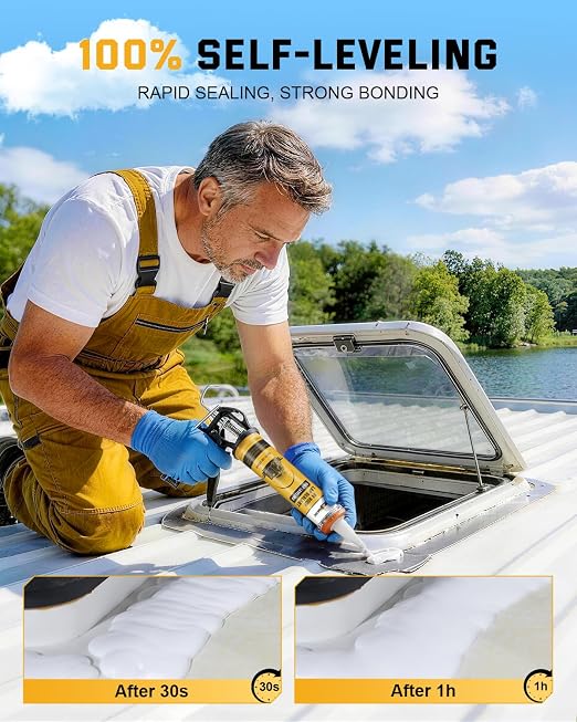 RV Roof Sealant 8 Pack, 30 Seconds Self Leveling Lap Sealant – White, Fast Curing Waterproof Flexible Caulk RV Sealant with Gloves for Camper Trailer Roofs Maintenance Repair