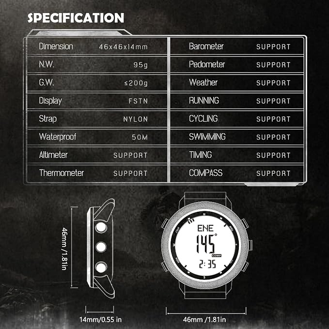 DIDITIME Tactical Watches for Men, Military Watches for Men, Waterproof 164FT, Fitness Watch, Mens Digital Watches with Compass, Metronome, Pedometer, Lightweight Breathable Nylon Watch