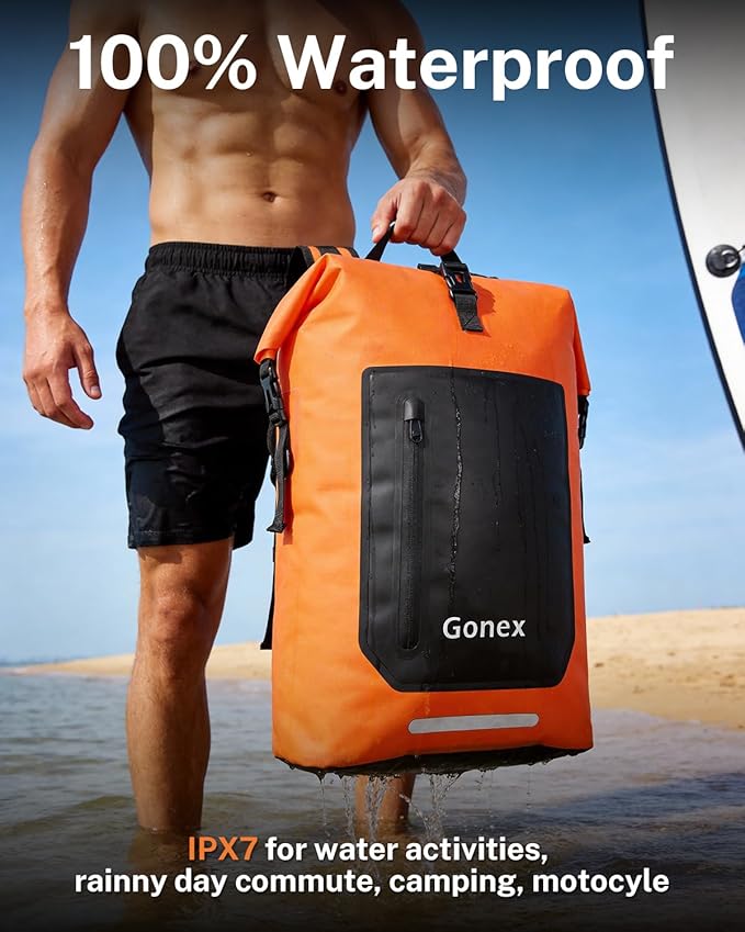 Gonex Ultralight Waterproof TPU Backpack, 55L Roll Top Dry Bag with Comfortable Padded Back Panel for Kayaking Boating Camping Fishing Travel,Orange