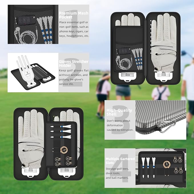 Golf Glove Case, Golf Glove Case with Two Gloves Holder for Golf Bag Accessories, Golf Storage Organizer for Tees, Divot Tool, Ball Markers for Men and Women Golfers