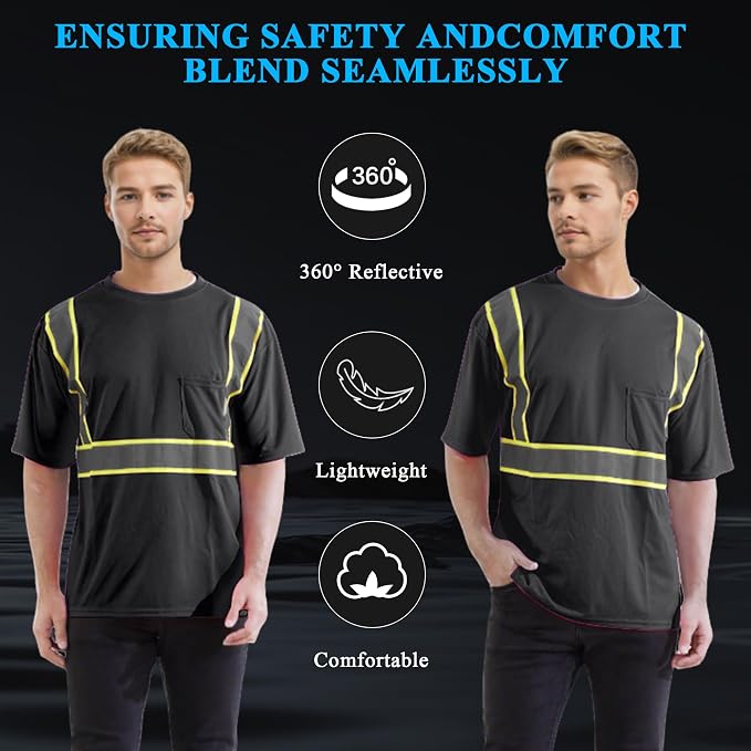 W&H Hi Vis Safety Short Sleeve Shirts Class 2 Reflective Birdeyes Fast Dry Breathable with Black Base for Work