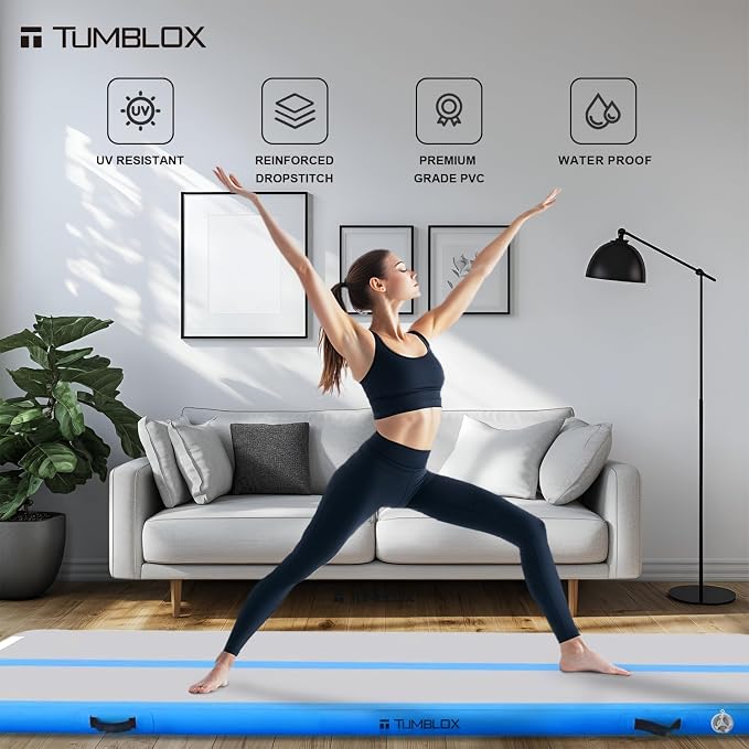 Air Gymnastics Mat Inflatable & Tumbling Mat – 4/8 Inches Thick with Electric Pump + Free Foot Pump – Ideal for Home, Gym, Water, and Beach Use