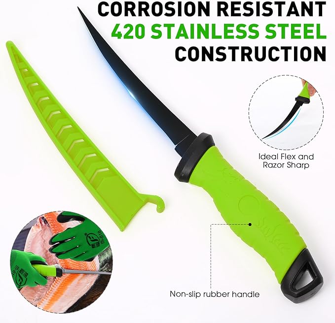 RoundFunny 10 Pcs Fishing Tool Kit, Fishing Pliers with Lanyard and Protective Sheaths, Landing Net, Fillet Knife, Fish Scale, Gripper, Hook Remover, Braid Scissors, Gloves for Men Dad Gift