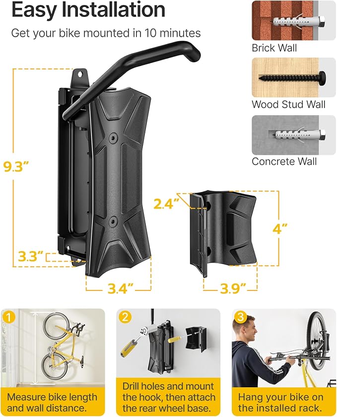 monTEK Heavy Duty Bike Wall Mount, Swivel Bike Wall Hanger Holds Up to 77lbs, Space-Saving Bike Rack Garage, Bike Storage for Bedroom Home Office, 4 Pack