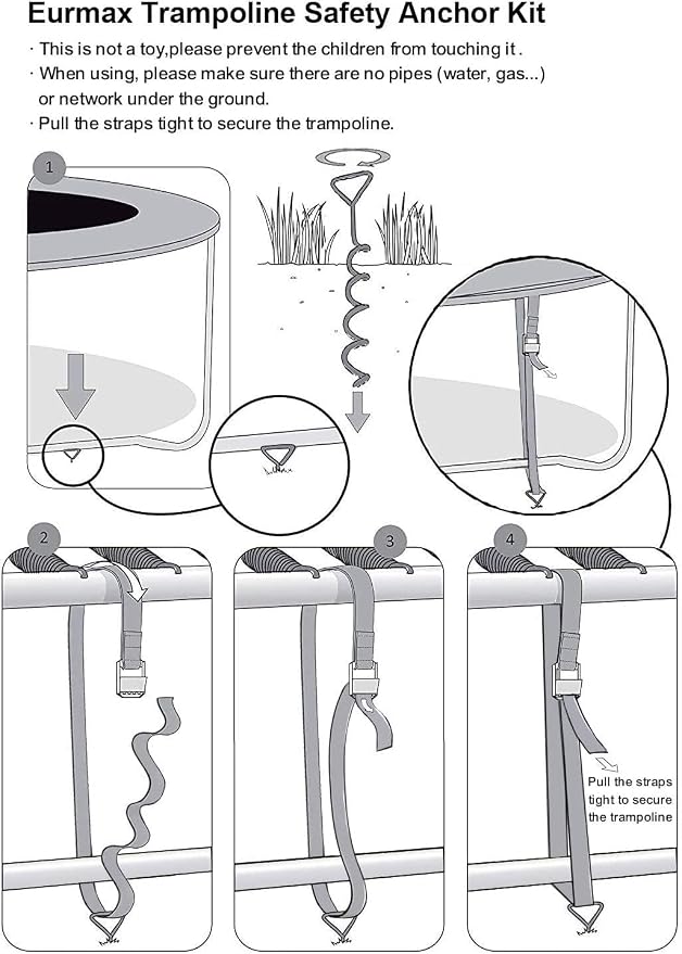 EURMAX USA 4-Pack Windproof Trampoline Stakes Anchor Kit-Steel Corkscrew Anchor,Heavy Duty Tie Down Kit with T-Hook&Reinforced Safety Straps,Secure Weatherproof Protection for Trampoline,Tent&Playset