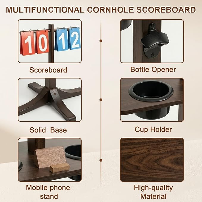 Cornhole Scoreboard with Drink Holder, Wooden Corn Hole Scoreboard with Bottle Opener and Phone Holder, Suitable for Sandbag Throwing, Beach Volleyball Tennis and Other Outdoor Games