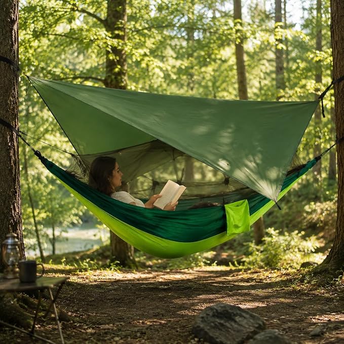 Double Camping Hammock with Mosquito Net and Rain Fly – Lightweight 3-in-1 Tent Setup for Outdoor Hiking, Travel, Patio & Backpacking – Portable Hammock for Adults with Tree Straps & Bug Net