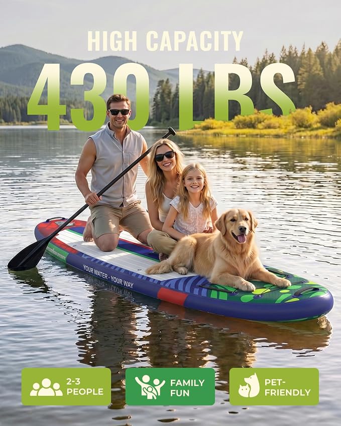 11'x34 Inflatable Paddle Board for Adults Youth, Extra Wide 430LBS Capacity SUP, Stable 2-3 Person Family for Lake Ocean Fishing Surfing Yoga, Includes Accessories