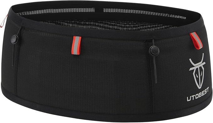 UTOBEST Running Belt for Men & Women, Bounce-Free Running Waist Pack Fits All Phones, 4-Pocket No Zipper Trail Running Belt Fits 500ml Soft Flask, Pole Carry Straps for Race, Trail (B7 Pro-Black, L)