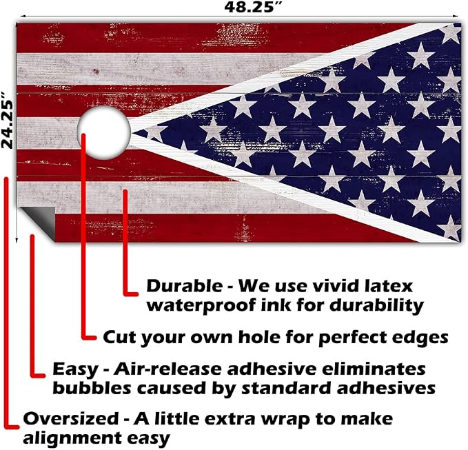 Cornhole Board Wraps & Skins – Corn Hole Decals, American Flag, Set of 2 | Patriotic American flag design fits 2x4 regulation cornhole boards – weatherproof vinyl skins & stickers for both boards