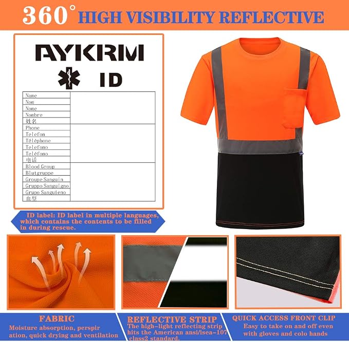 AYKRM Safety T Shirt Reflective High Visibility hi vis Long Sleeve T Shirt (XS-6XL)