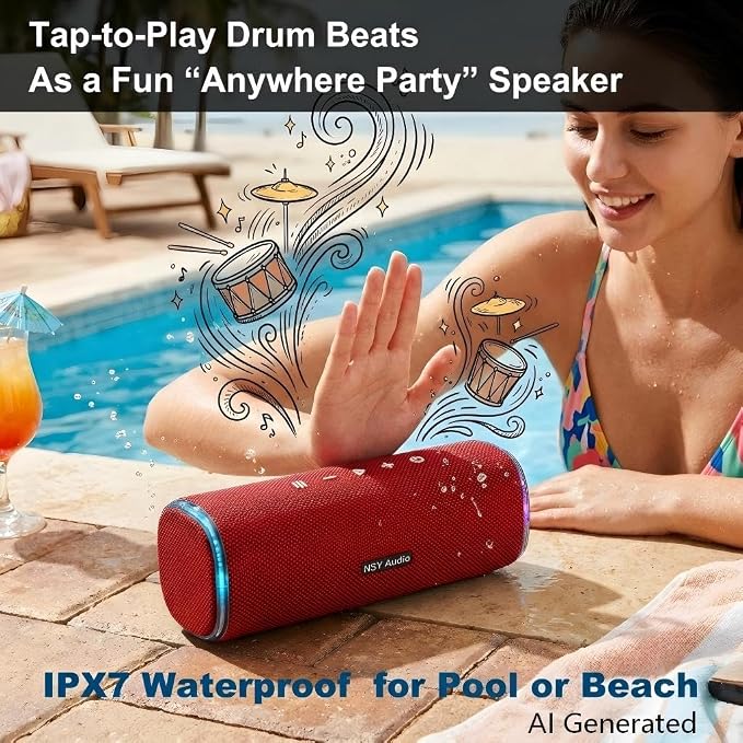 Portable Outdoor Bluetooth Speaker for Camping Showers, IPX7 Waterproof Floating, 25H Playtime, Interacitve Tap-to-Play Drum Beats, RGB Lights for Sports, Hiking, Party, Red