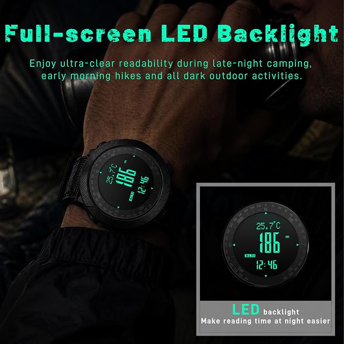 CakCity Digital Watch Military Tactical Watches for Men, 50mm Large Face Zinc Alloy Case with Breathable Double-Layer Nylon Strap, 5ATM Waterproof Shockproof, Altimeter, Barometer, Thermometer, Dual Time, Compass, Alarm, Stopwatch, Countdown