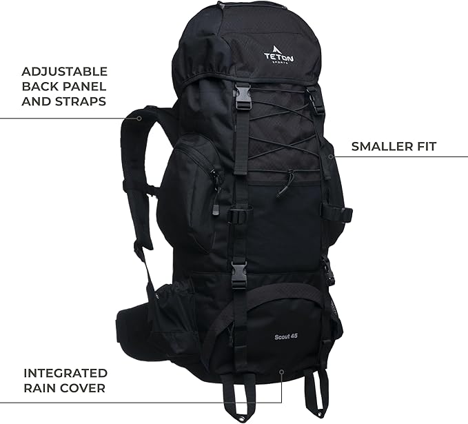 Teton 55L Scout Internal Frame Backpack for Hiking, Camping, Backpacking, Travel, Rain Cover Included, Black