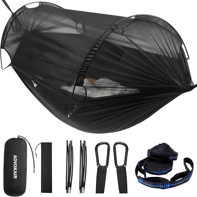 ADVOKAIR Camping Hammock with Mosquito Net Up to 500lbs, Ultralight and Portable Nylon Travel Hanging Hammock with Tree Straps, Perfect for Outside, Backpacking, Hiking and Backyard