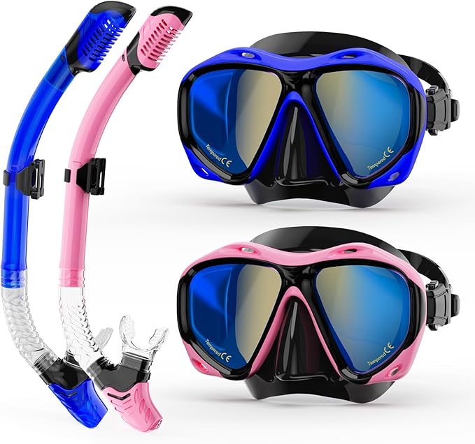 Snorkeling Gear for Adults, Snorkel Mask With Mirrored Tempered Glass Lens 180° Wide View Anti-Fog Scuba Diving Mask, Professional Snorkel Set for Swimming Diving, Gifts for Women Mom Men Dad