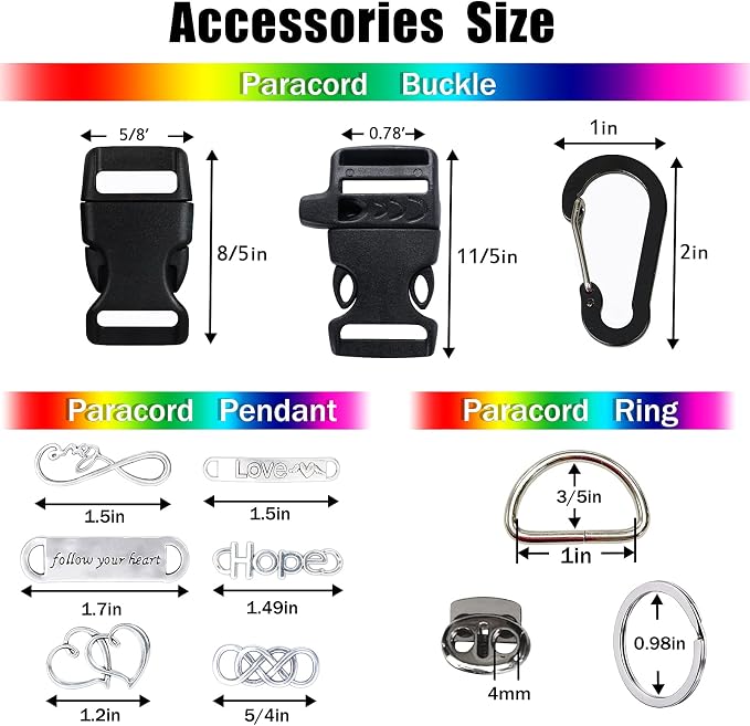 50 Colors Paracord Combo Kit with Instruction - Multifunction Parachute Cord with 28 Paracord Accessories for Making Paracord Bracelets, Lanyards, Dog Collars