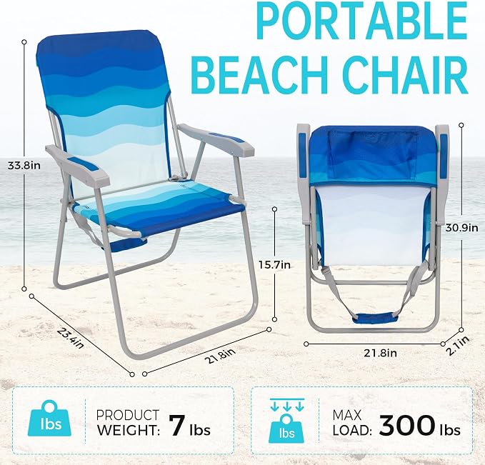 #WEJOY Folding Beach Chair for Adults, Lightweight Beach Chair with Shoulder Straps, High Back Camping Chairs with Hard Armrest, Supports 300lbs for Outdoor Lawn Concert