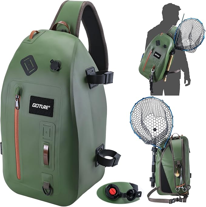 Goture Waterproof Fly Fishing Sling Pack, IPX8 840D TPU Fishing Sling Bag, 13L Tackle Backpack with Rod Holder,Airtight Zipper,Exhaust Valve,Adjustable Strap for Kayaking,Wadering,Hiking