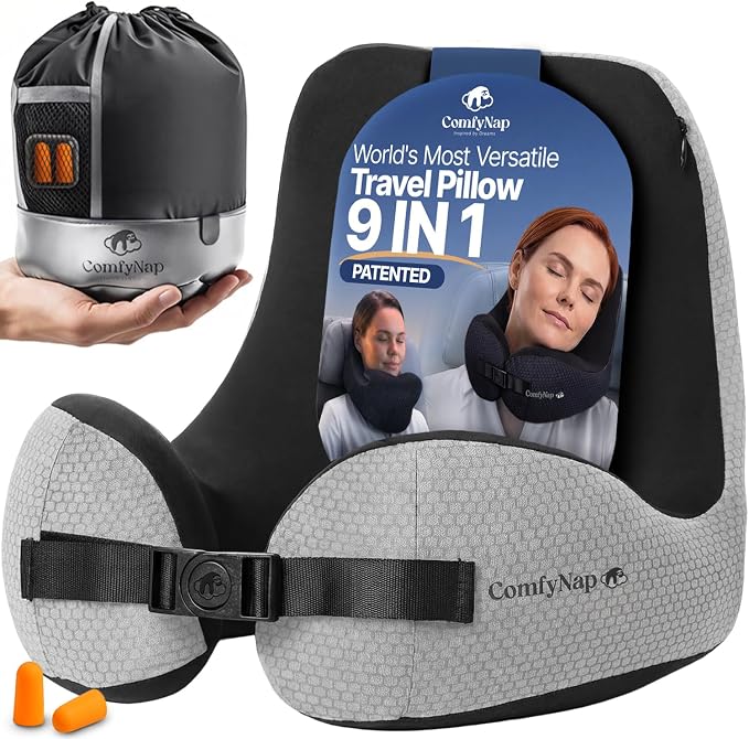 ComfyNap® Versatile Travel Neck Pillow for Airplane [Patented], 9 Positions in 3 Techniques, Plane Pillow with Pure Memory Foam, Travel Pillow with HeadRest Flight Sleep, Travel Essential - Moon