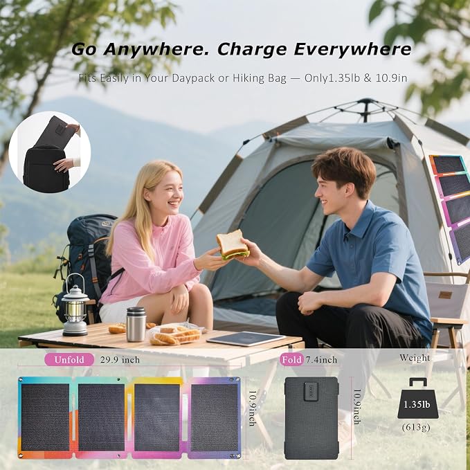 30W Solar Panel Charger,25.4% High Efficiency Portable Solar Charger with USB & Type-C,Shingle Tech Foldable Solar Panel for iPhone,iPad,Camping Essentials,Emergency Supplies,Gradient Color