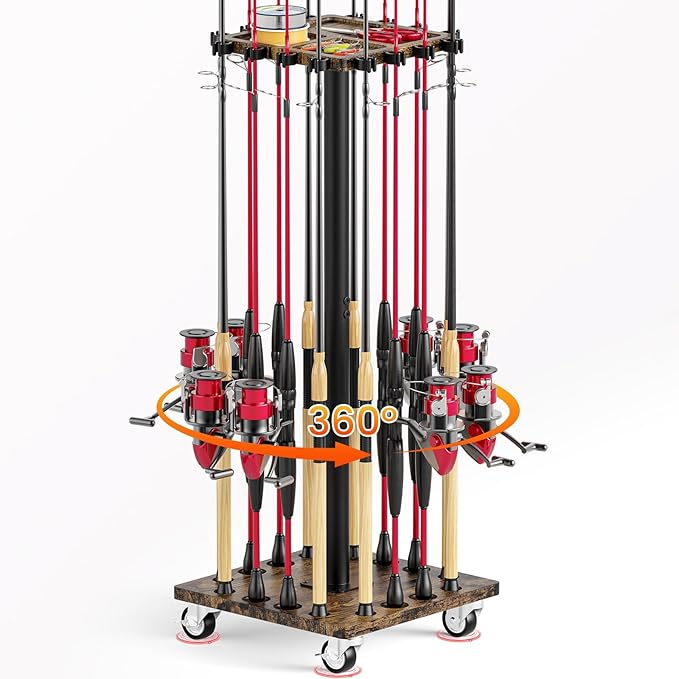 Fishing Rod Rack for 16 Poles - 360° Rotating Base, Easy to Install & Durable Wooden Pole Holders for Garage, Fishing Rod Equipment Organizer Storage Stand for Ground, Fishing Gifts for Men, Brown